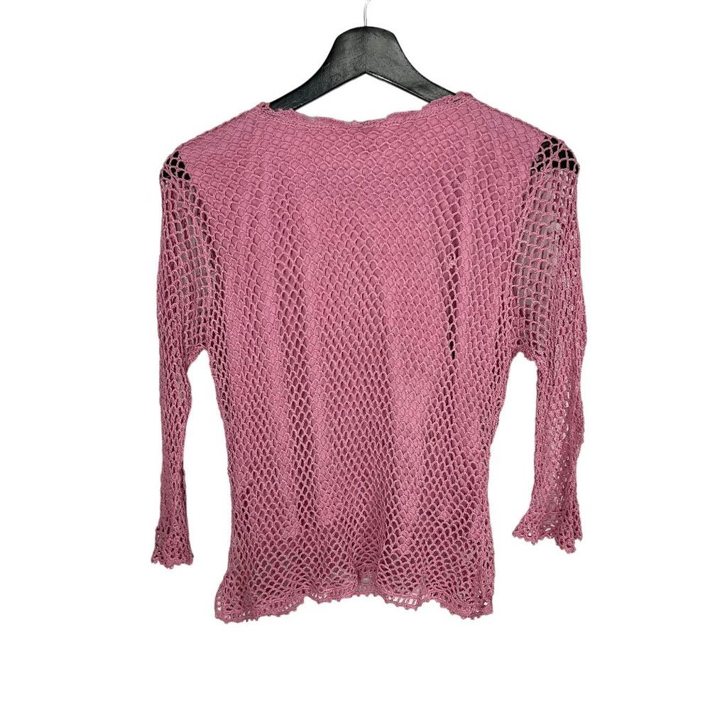 Vintage Y2K Pink Crochet Long Sleeve Tie Front Top Medium - Picture 2 of 6